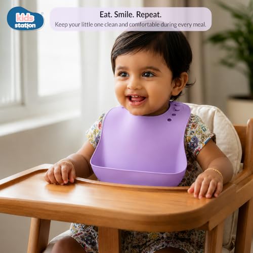 Image of Kids Station Silicone Baby Bib for Feeding & Weaning BPA Free, Soft Adjustable Neckline with Buttons, Washable & Reusable, Ideal for Babies & Toddlers 6 to 36 Months - Purple