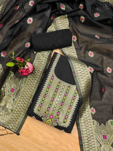 Image of Chanderi Suit Vol 5 | Pure Chanderi Banarasi Silk (3m) | Soft Cotton Bottom (2.5m) | Woven Chanderi Banarasi Silk Dupatta (2.3m) with Tassels, Unstitched Material, Fits up to 60 inch, Length 48