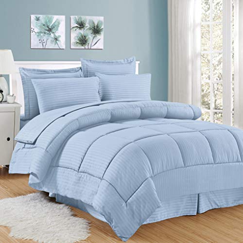 Image of Sweet Home Collection 8 Piece Bed In A Bag with Dobby Stripe Comforter, Sheet Set, Bed Skirt, and Sham Set - Queen - Light Blue