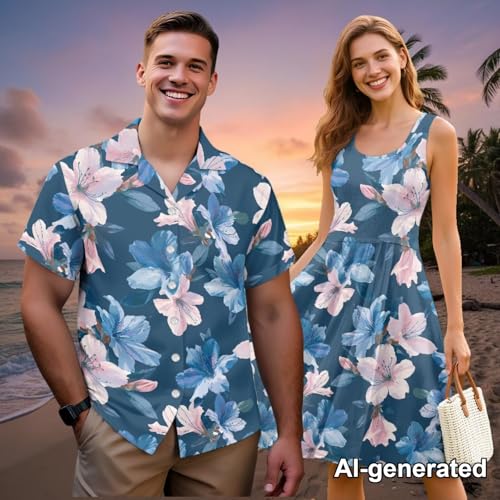 Image of Hawaii Matching Couple Outfits Husband and Wife Clothing Fashionable Mens Casual Shirts Hawaii Dress with Soft Fabric