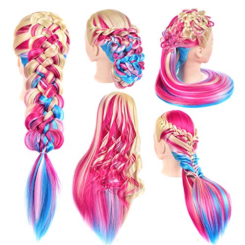 Image of Mannequin Head with Colorful Hair - 28 inch Long Straight Synthetic Hair Training Head with Clamp for Styling, Braiding, and Dye Practice (613)