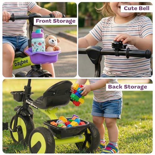 Image of Baybee Nova Baby Tricycle for Kids | Plug & Play Kids Cycle with Safety Belt & Front and Back Storage | Kid Cycle Trikes with Eva Wheels | Baby Cycles for Kid 2 to 5 Years Boys Girls (Black /Green)