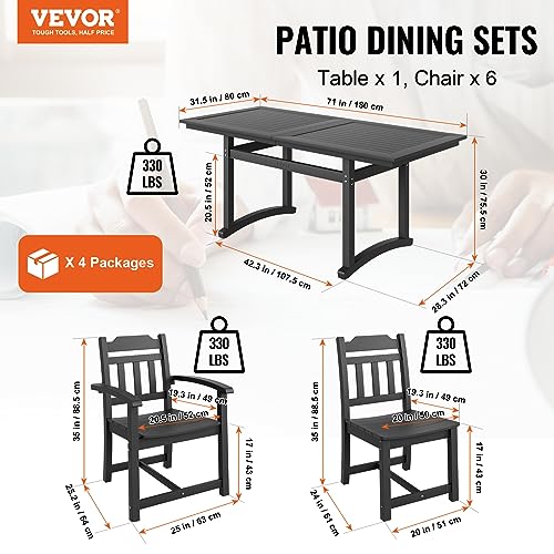 VEVOR 7 Pieces Patio Dining Set, Outdoor Rectangle Furniture Table and Chairs Set, All Weather Garden Furniture Table Sets, HIPS Patio Conversation Set, for Lawn, Deck, Backyard, Poolside, Black - Image 3