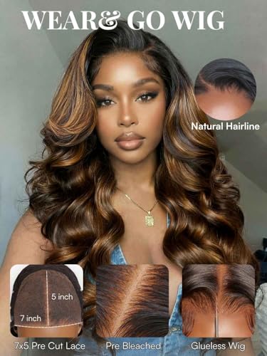 Image of Beauty Forever Bye Bye Knots No Slip Wig Balayage Brown 7x5 Lace Front Wig Human Hair Glueless Drawstring Wigs Loose Wave Face Framing Layers Curtain Bangs Pre Plucked Pre Cut 150% Density 20inch