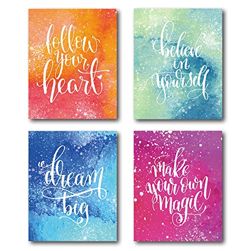 XUWELL Positive Quotes Colorful Watercolor Abstract Wall Art Prints for girls woman, Inspirational Poster for Home Office Bedroom Decor, 8 x 10 Inch Set of 4 Prints, No Frame