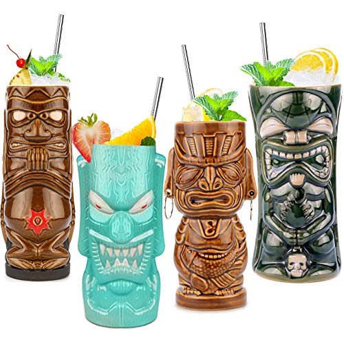 Tiki Mugs Set of 4 â€” Large Ceramic Hawaiian Luau Party Mugs Drinkware Tiki Bar Mugs for Cocktails-TJB06 (4)