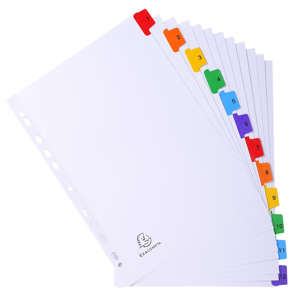 Exacompta - Ref. 1112E – Karton mit 20 Registern aus weißem Karton, 160 g/m², FSC® mit 12 digital bedruckten Registern von 1 bis 12 Farben, Indexseite bedruckbar, für DIN A4, Maße: 22,5 x 29,7 cm