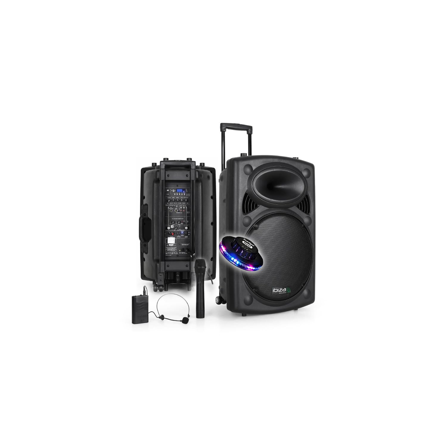 Ibiza Sound Enceinte Sono Portable 15" 800W Batterie Bluetooth Karaoké 2 Micros VHF Main Tête Jeu Lumière OVNI