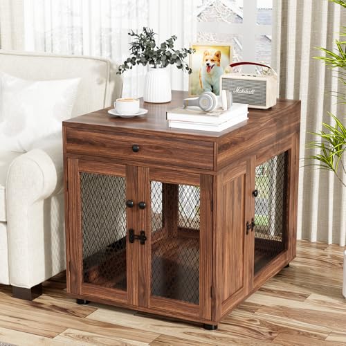 VOWNER Muebles para Jaulas de Perros, 3 Puertas Caja de Madera con Cajón, Moderna Caseta para Perros como Mesa Auxiliar, 60 x 80 x 69 cm, para Perros Pequeños/Medianos de hasta 30 kg, Marrón Nogal