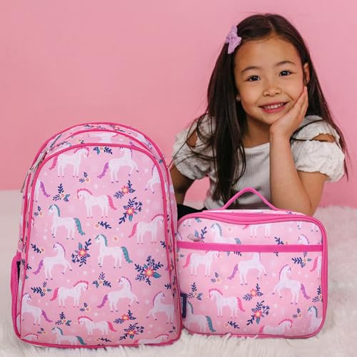 Image of Wildkin 15 Inch Backpack for Kids, Magical Unicorns | Ages 5-10, padded straps, side water bottle pocket - coordinates with matching Wildkin lunch boxes and water bottles