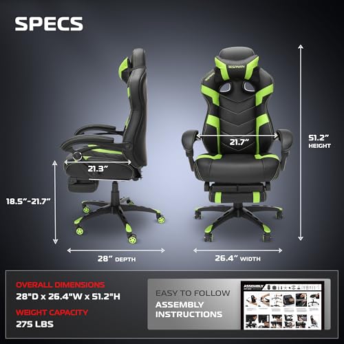 RESPAWN 110 Ergonomic Gaming Chair With Footrest Recliner - Racing Style High Back PC Computer Desk Office Chair - 360 Swivel, Lumbar Support, Adjustable Headrest Pillow, Padded Armrests - 2021 Green