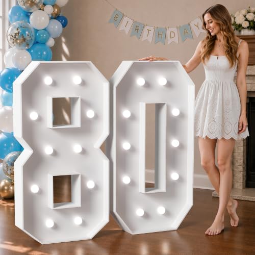 Image of Marquee Numbers 4 Feet Tall Big Light Up Numbers 80th Birthday Decorations Women Men White Anniversary Party Decor Large Cardboard Prop Backdrop Sign 80 | Cool White Light, Large 80th Anniversary Party Decor, Big Stable Sign, Assembly Required, Foam Board 42 Pcs Accessory Set
