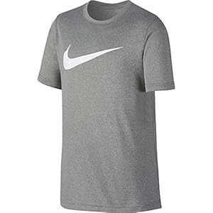 NIKE Boys’ Dry Short Sleeve Swoosh Solid Tee, Dark Grey Heather/White, Large