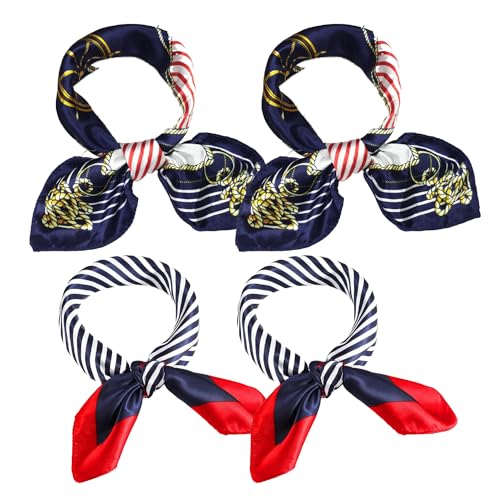 ZEACCT 4 Pack Elegant Nautical-Themed Neck Scarves - Lightweight Satin Fabric for Women, Ideal for Stewardess, Casual, or Formal Occasions