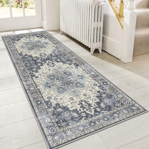 GENIMO 2x7 Runner Rugs for Hallway, Machine Washable Non Slip Vintage Rugs, Low Pile Lightweight Soft Print Rug for enrtyway, Corridor, Home Office, Kitchen, Center Blue