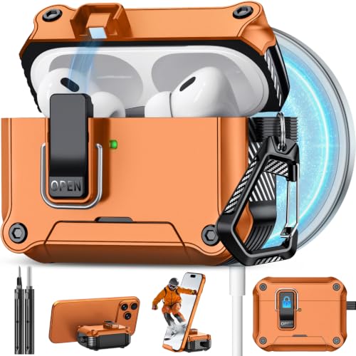 Image of Pohgelan for AirPods 2nd /1st Case with Safety Lock-Orange | Magnetic Automatic Lock with Cleaning Kit&Keychain,Compatible with Magsafe