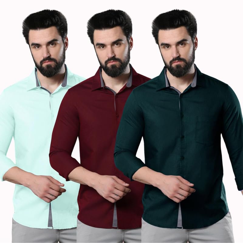 Image of Pinkmint Men's Solid Shirt | Soft Cotton Blend | Casual Shirt | Plain | Full Sleeve - Regular Fit (Combo Pack of 3 | Available in Plus Size)