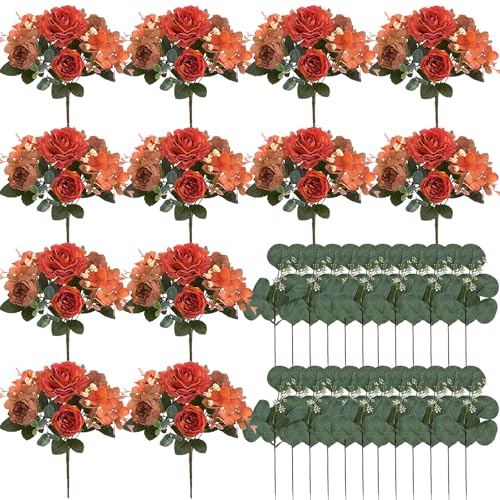 Nagobi Burnt Orange Peony Artificial Flowers, Fall Faux Peonies Hydrangea Eucalyptus Bouquet 12 Packs Silk Vintage Realistic Peony Floral Arrangement for Wedding Centerpiece Table Vase Autumn Decor