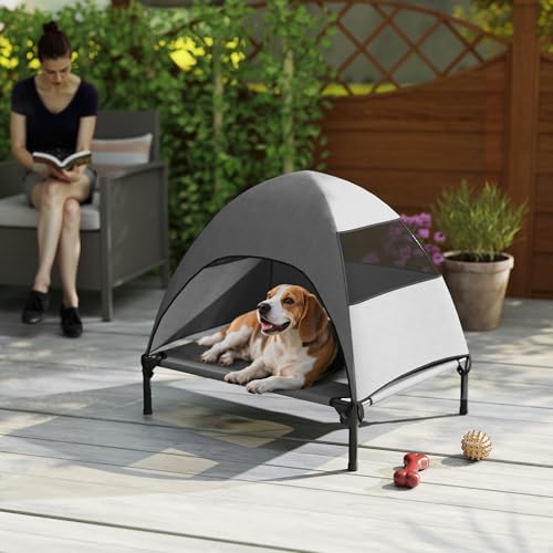 PawHut Hundeliege Outdoor mit Dach, Erhöhtes Hundebett für Mittelgroße Hunde, Kühlendes Haustierliege mit Waschbares Mesh Stahlrahmen Tragtasche, Haustierbett für Draußen Camping 76x61x71cm, Hellgrau