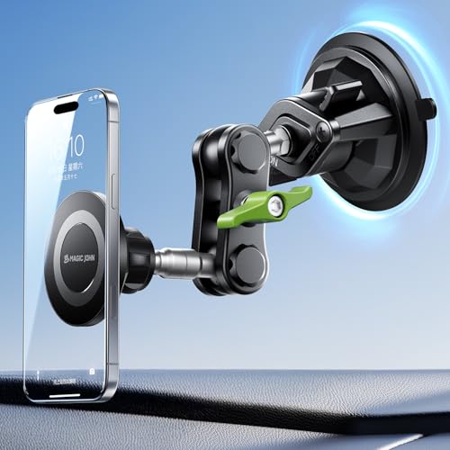MAGIC JOHN Magnetic Car Phone Holder [Strong Suction&Strong Magnetic] 360 Adjustable Car Phone Mount for Windshield Ultra-Durable Metal Suction Cup Car Phone Mount for iPhone Samsung All Smartphone