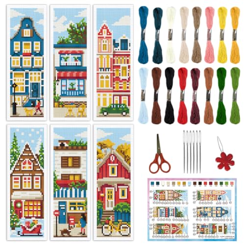 Image of INFUNLY 6 Set DIY Cross Stitch Bookmark Kit Building House Cross Stitch Kits 8 inchx2.4 inch Pre-Printed Architectural Stamped Embroidery Bookmark Kit with Instructions for Beginners Book Lovers Adults Gift