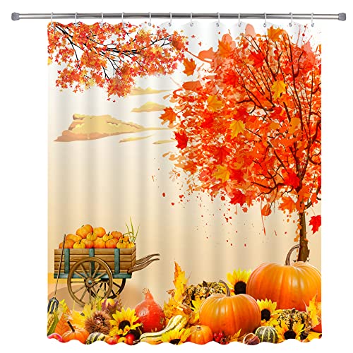 Beifivcl Fall Shower Curtain For Bathroom, Fall Shower Curtain With Pumpkins, Maple Leaves Farmhouse Autumn Shower Curtain, Fall Shower Curtain With 12 Hooks For Bathroom Decor, 72X72 Inch #TOP6
