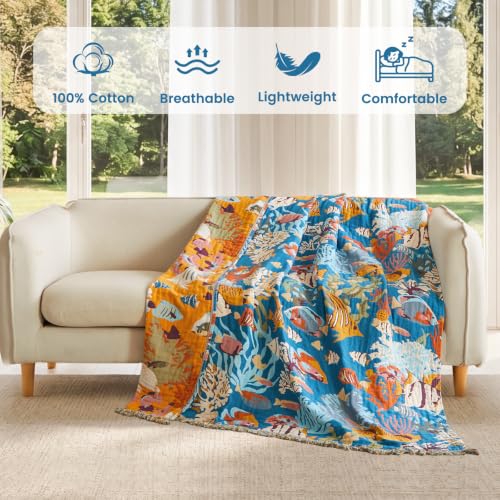 Image of MSGKV Boho Throw Blanket 50 inchx60 inch 100% Cotton Ocean Blanket for Couch