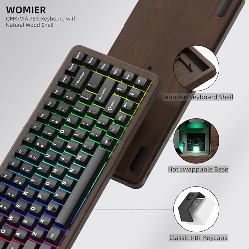 Image of Womier 75% Mechanical Keyboard Wireless with Wood Natural WD75 V2 QMK /VIA | Gaming Creamy Keyboard 8000mAh Battery, Tri-Mode Key Board RGB Hot Swappable with PBT Keycaps-POM Linear Switch,Black