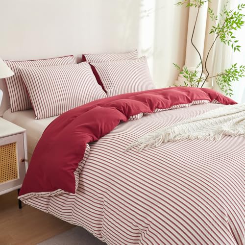 Image of Red Striped Comforter Set Queen - 3 Pieces Bedding Comforter Set for All Season, Soft Lightweight Washed Microfiber, 1 Striped Comforter and 2 Pillowcases (Red, Queen Size)