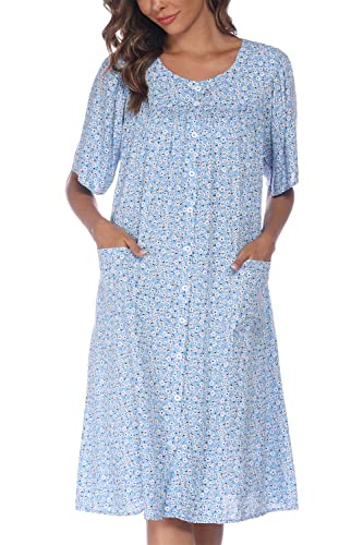 Image of COSUNIONY House Dresses for Women Cotton Short Sleeve House Coat Buttons Down Dusters Robe with Pockets S-XXL