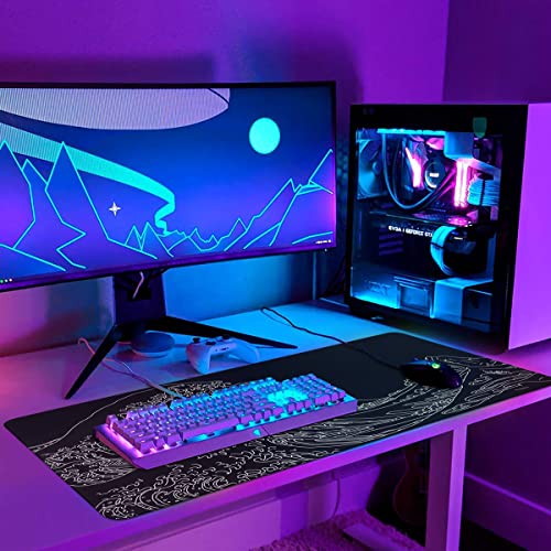 Image of iCasso Gaming Mouse Pad, XXL Large Gaming Mousepad, Big Rubber Base Mouse Mat with Stitched Edges, Computer Keyboard Desk Pad for Work, Game, Office, Home - Black Wave of Kanagawa