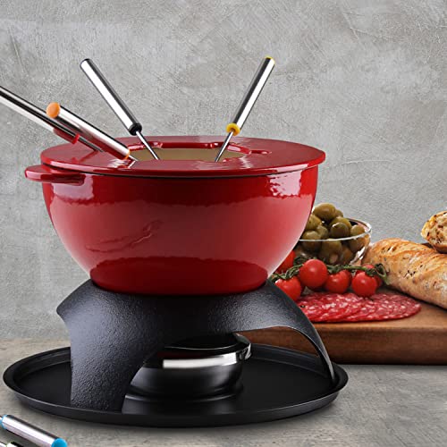 Artestia 11-Piece Cast Iron Fondue Set With Adjustable Burner 6 Colored Forks, 5-Cup Red Cheese Fondue Pot, Perfect For Chocolate, Caramel, Meat, 4-6 Person #TOP4