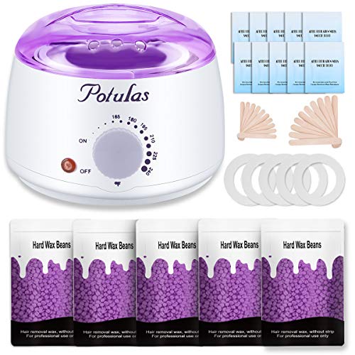 Waxing Kit for Women, potulas Hair Removal Wax Warmer with 5 Bags (17.64oz) hard wax beads for Legs Face Eyebrow Underarm Bikini Brazilian, for Women Men, Cera Para Depilar