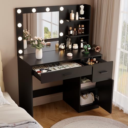 Image of YESHOMY 35.4 inch Makeup Vanity Desk with Mirror & Power Outlet, Black