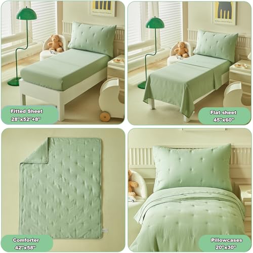 Image of DuShow Green 4 Pieces Toddler Bedding Set for Boys Girls,Embroidery Microfiber Crib Bed Sheets Set Soft Boho Comforter Set Bed in a Bag,Include Quilted Comforter,Flat Sheet,Fitted Sheet,Pillowcase