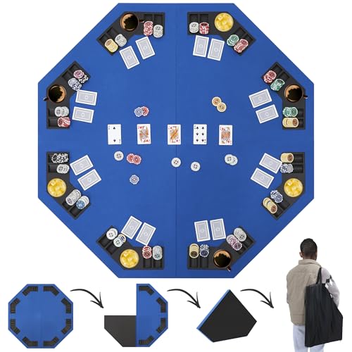 Murago 48\" Portable Poker Table Top, Foldable Board Game Mat with Chip Trays, Cup Holders, Carry Bag, Blue Felt