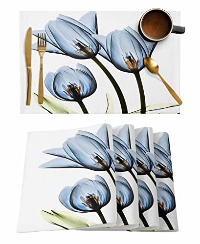 Crystal Emotion Place Mats Indoor Set of 6, Blue Flower Cotton Linen Placemats for Dining Table Anti-Skid, Elegent Tulip Florals, Heat Resistant Table Mats Wipeable, 12x18 inch.