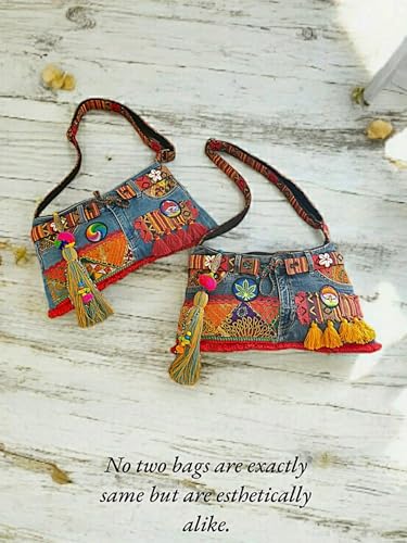Image of The House of tara Upcycled Denim Sling Bag for Women | Cross Body Bag With Medium Size Compartment, Adjustable Strap | Embellished Shoulder Bag Suitable for College & Travel (Denim Blue)