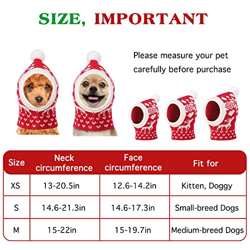 Pawaboo Weihnachtsmütze für Hunde, Lustige Gestrickte Weihnachtsmütze mit Bommel, Gehäkelte Snood-Wintermütze mit Ohrenklappen, Halswärmer-Kapuze für Mittelgroße Hunde, M, Weihnachtshirsch Rot