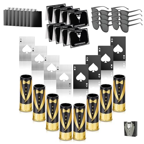 56Pcs Groomsmens Proposal Gifts, Stainless Steel Flask Shot Glass Poker Card Bottle Opener Proposal card Sunglasses Thoughtful Cards Gift Bag with Crinkle Paper for Bachelor Groomsmen Wedding Party