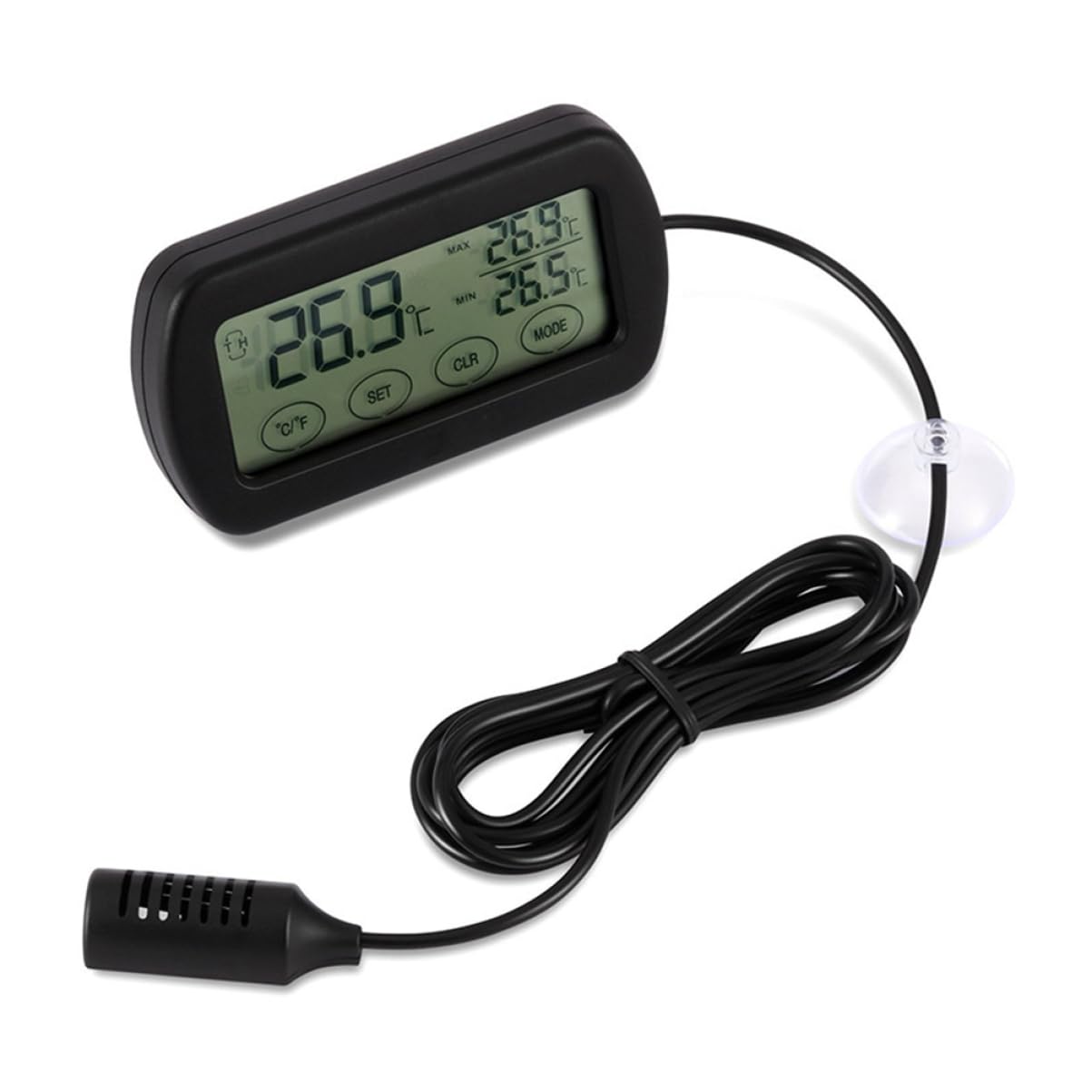 Happyyami LCD Digital Thermometer Hygrometer for Egg Hatching and Pet Monitoring Display with Fixed Suction Cup Sensor Material