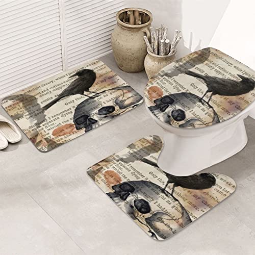 Edgar Allan Poe The Raven Skull 3-teiliges waschbares Badezimmerteppich-Set beinhaltet Badteppich, Konturmatte und WC-Deckelbezug, superweiche Mikrofaser-Badteppiche mit Gummi-Rückseite, solide – Bild 4