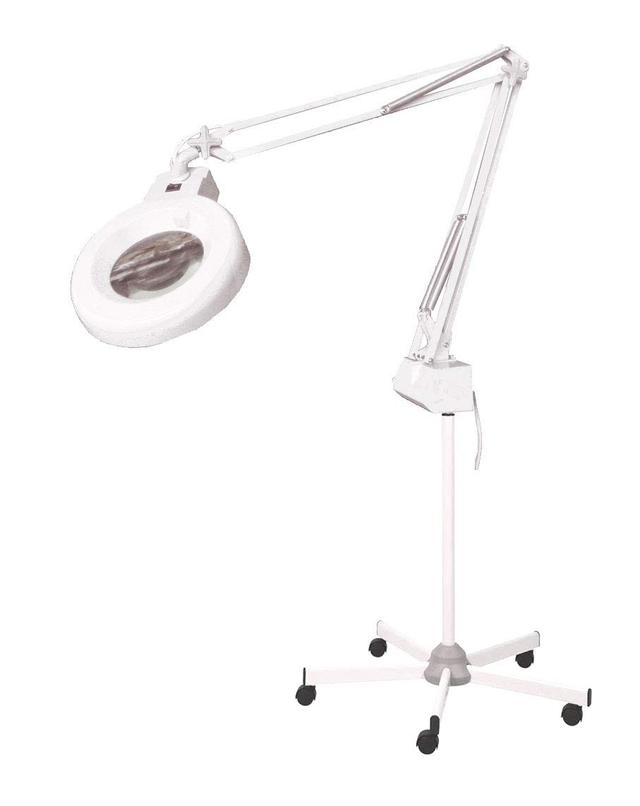 Lampara Flexo-lupa profesional con luz fluorescente 5x. Pie metalico 5 brazos con ruedas Gran estabilidad