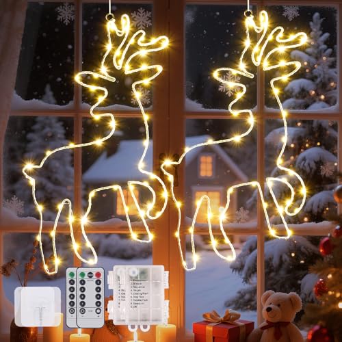 120 LED (2 Stück) Weihnachtsdeko Fenster Beleuchtet, 8 Modi Rentier...
