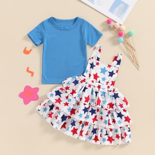 Image of Toddler Baby Girl Summer Clothes Kids Short Sleeve Solid T-Shirt Ruffle Daisy Skirts Overalls Dress Outfit 18M-6T