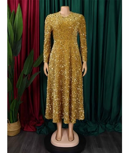 SOMTHRON Women's Sequin Dress Plus Size Long Sleeve A-Line Flared Party Cocktail Sparkle Glitter Evening Shiny Maxi Dress3