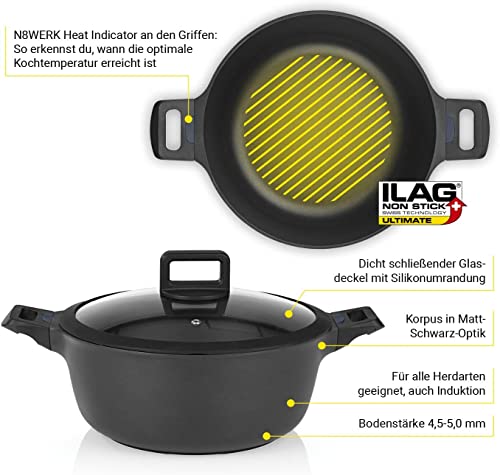N8WERK Aluguss-Kochtopf-Set, 3x Kochtöpfe ⌀20, 24, 28 cm | Farbwechsel-Temperaturanzeige, Deckel mit Silikon-Umrandung, 3-fach Ilag Ultimate Versiegelung | Alle Herdarten – Bild 3