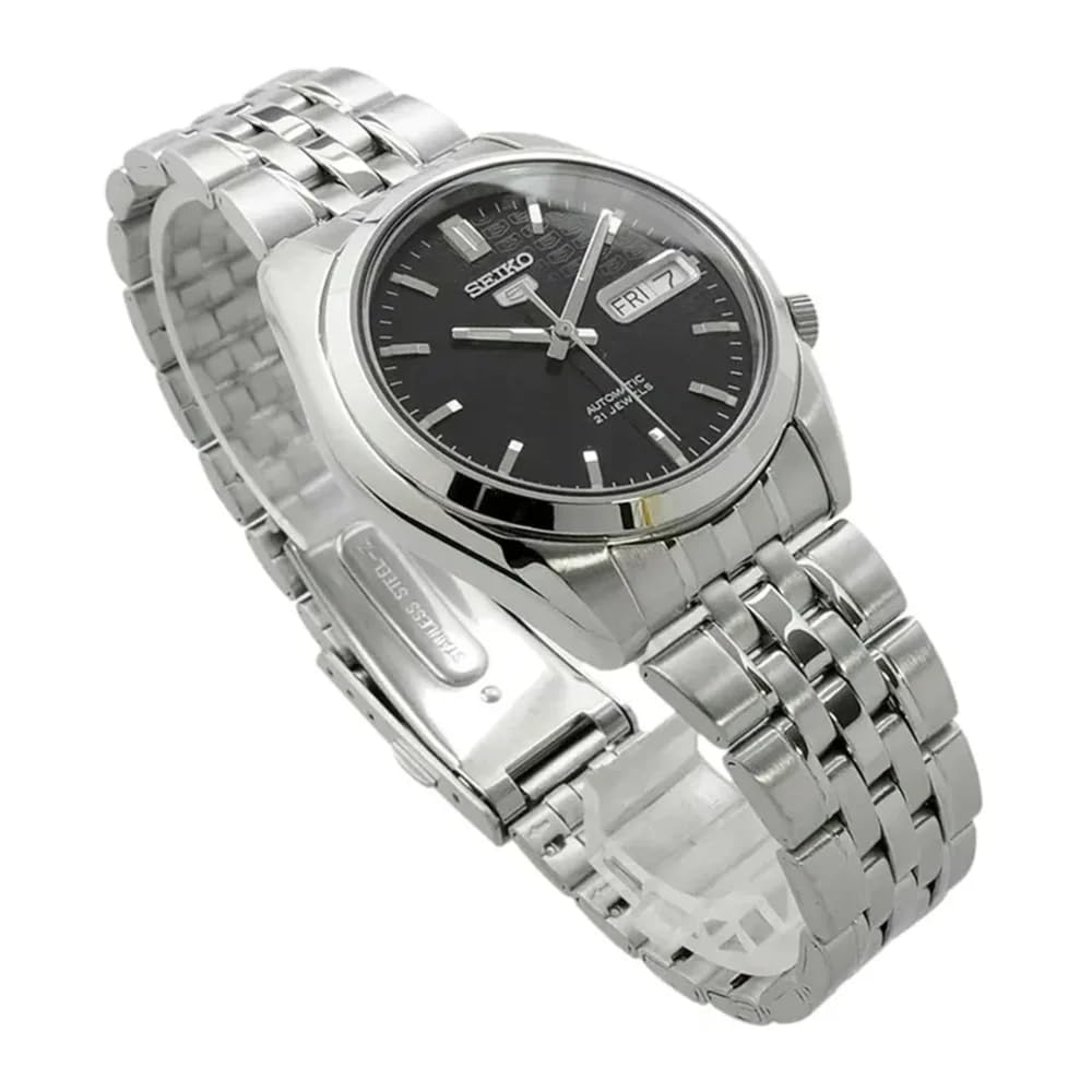 Seiko - SNK361K1-5 - Męski zegarek - automatyczny analogowy - czarna tarcza - szary pasek stalowy, Czarny/Szary, Klasyczny