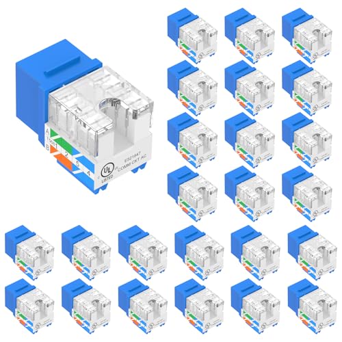 VCE UL Listed 10Gbps Cat6 Keystone Jack Insert 25-Pack 90 Degree Punch Down RJ45 Keystone Jack Adapter Slim Profile Blue