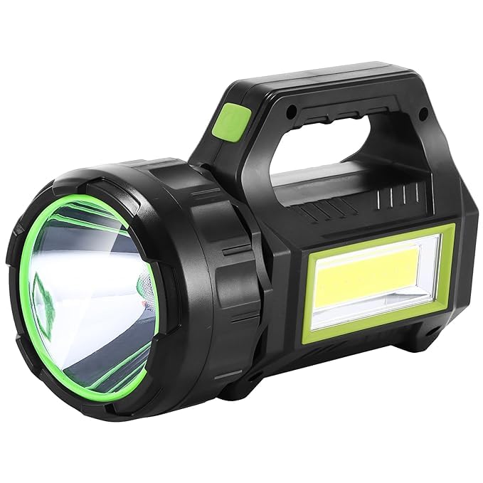Image of Visione Arc Heavy Duty Rechargeable LED Torch Light - Long Distance High Range Searchlight with Side COB Emergency Lantern, Solar Charging Panel and Built-in Top Handle for Farming, Home & Camping
